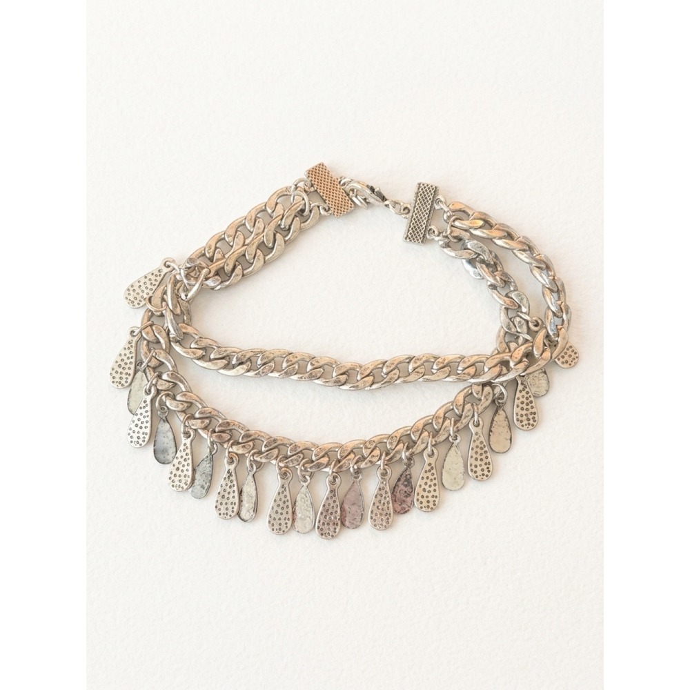 World Market Silver Tone Layered Chain Teardrop BOHO Charm Statement Bracelet